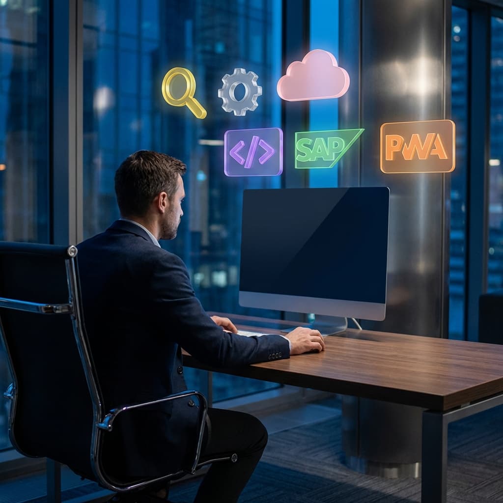 Professional working with technology icons